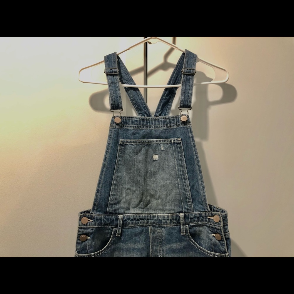 Medium wash straight leg fit denim overalls